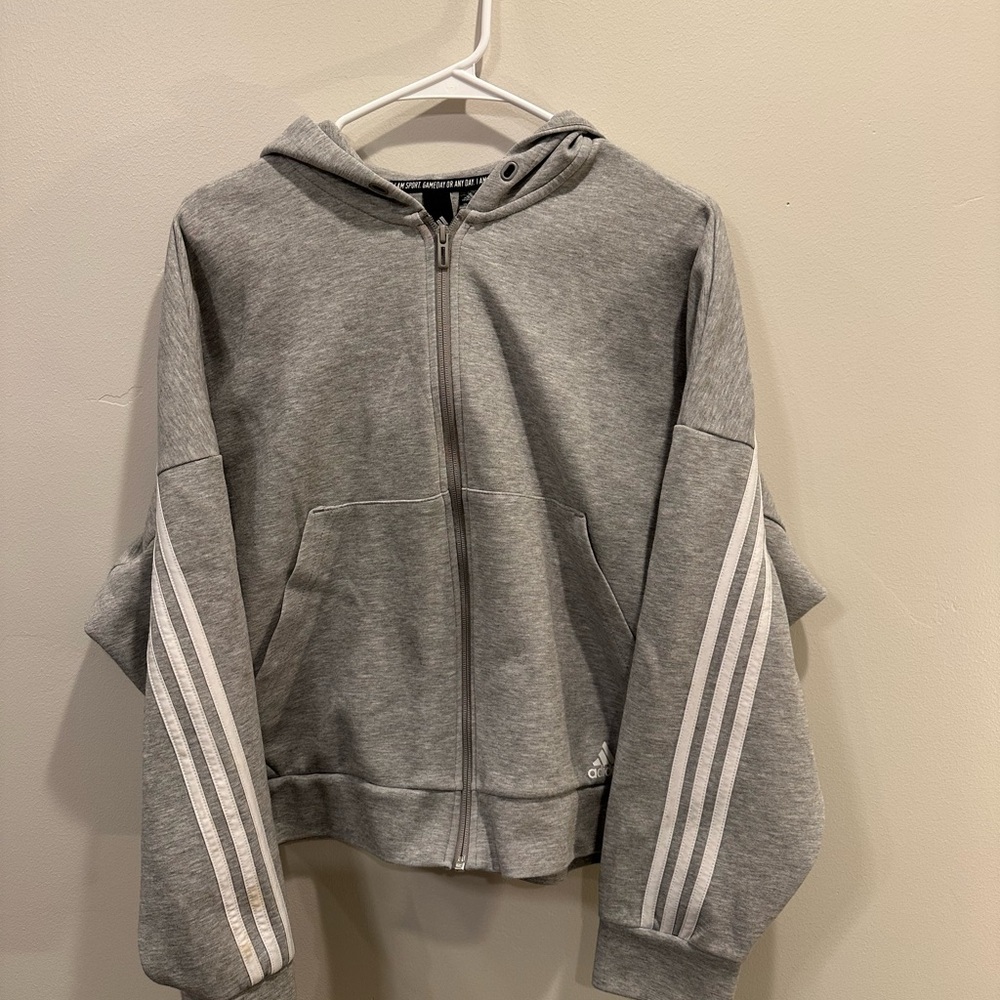 Adidas Gray Hoodie white stripes. Size XL. No flaws.